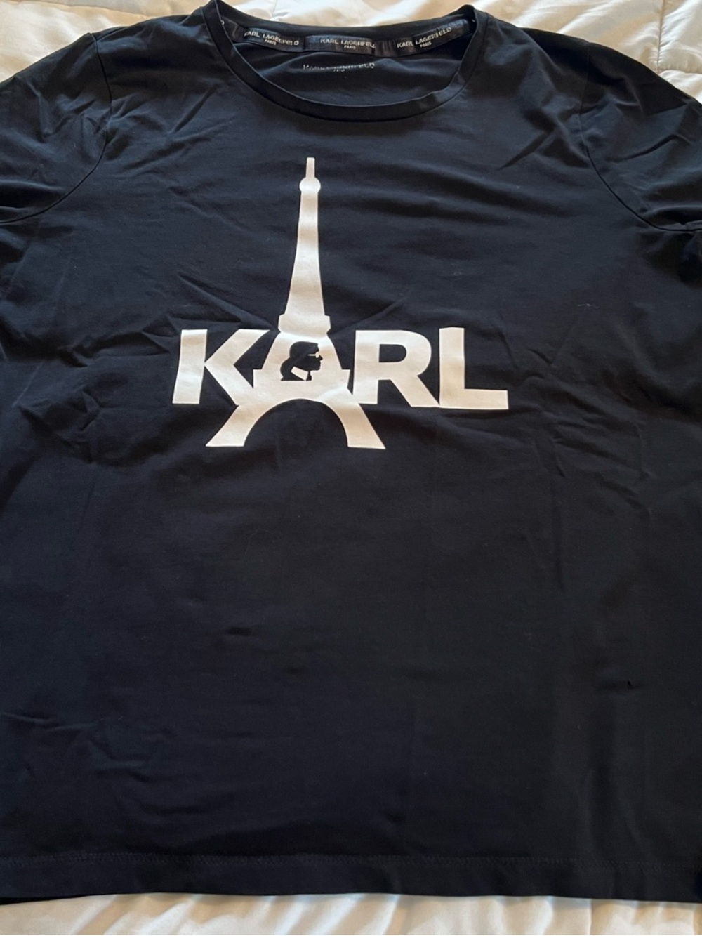 Women’s Large Karl Lagerfeld Black T shirt with White Eiffel Paris fashion